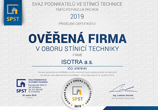 Certifikát Ověřená firma v oboru stínicí techniky
