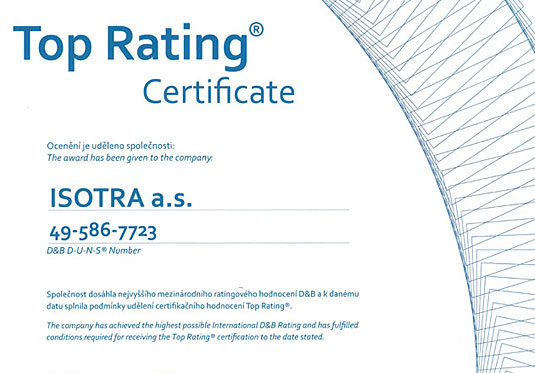 Společnost ISOTRA a.s. získala prestižní ocenění „TOP RATING“
