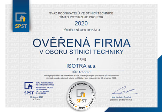 Ověřená firma v oboru stínicí technika pro rok 2020
