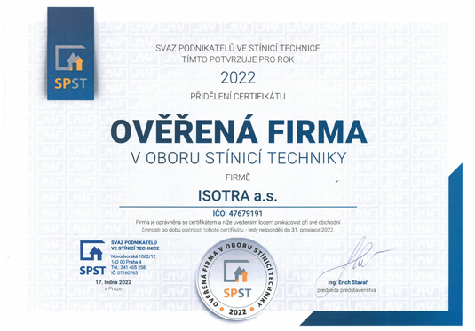 Ověřená firma v oboru stínicí technika pro rok 2022
