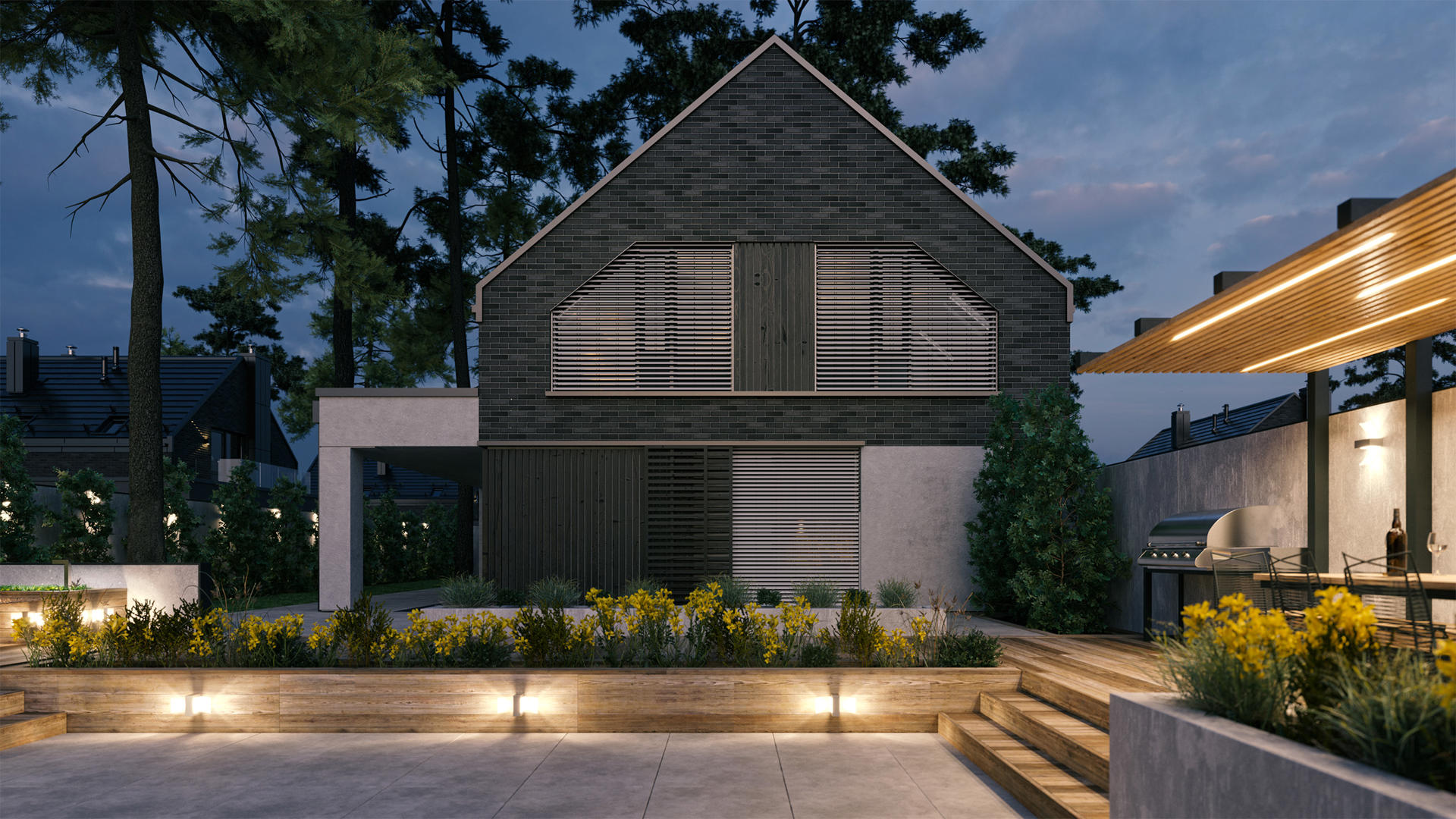 Dvorek rodinného domu se žaluziemi v podvečer